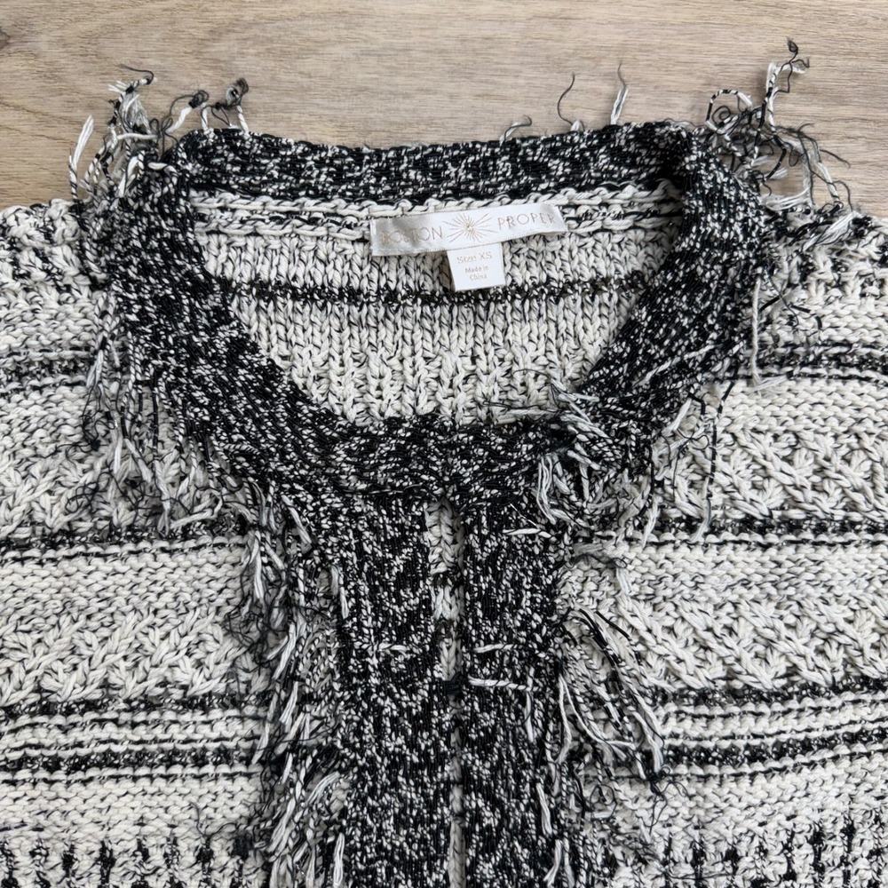 Boston Proper Fringe Chunky Knit Cropped Cardigan Jacket Striped Bohemian XS - Picture 2 of 15